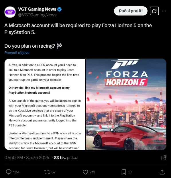 Za igranje Forza Horizon 5 na PlayStationu 5 potreban je Microsoftov račun